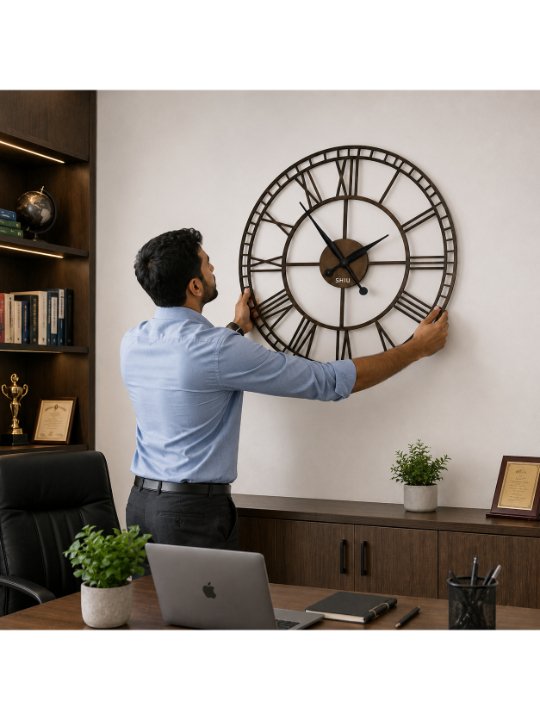 A man in a blue shirt adjusting the large SHIU Roman design wall clock over a wooden executive cabinet in a corporate office.