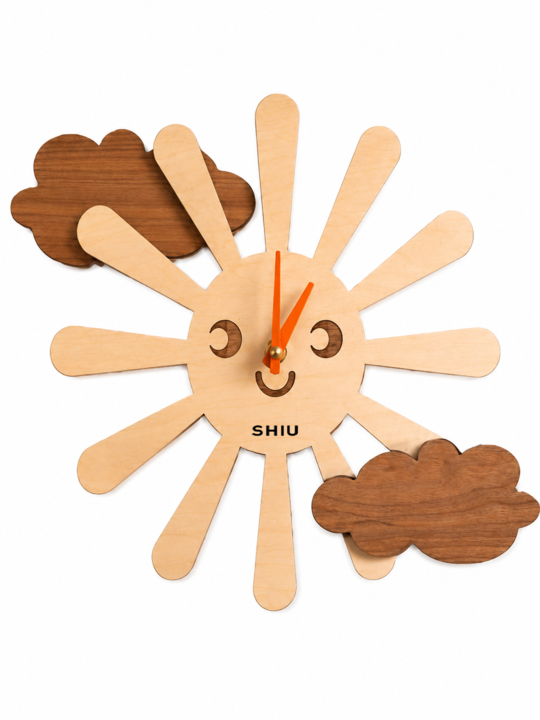 SHIU whimsical wooden kids room wall clock shaped like a smiling sun with light natural wood rays, bright orange hands, and dark walnut accent clouds.