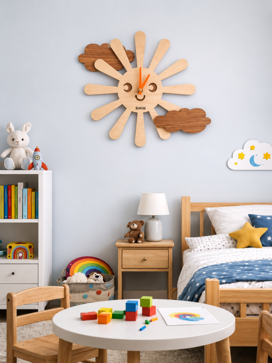Playful SHIU wooden sun and cloud clock mounted on a light blue wall as playful decor in a brightly lit child's bedroom setup.