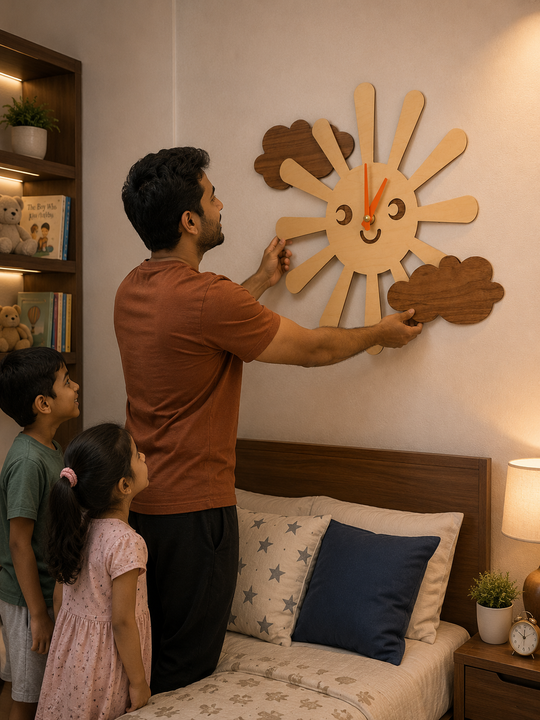 A man mounting the large wooden SHIU smiling sun clock on a bedroom wall while two children look on happily.