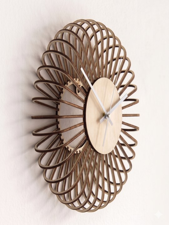 Mid-Century Parametric Sunburst Wooden Wall Clock | 3D Layered Looped Fin Petal Designer Timepiece - Image 4
