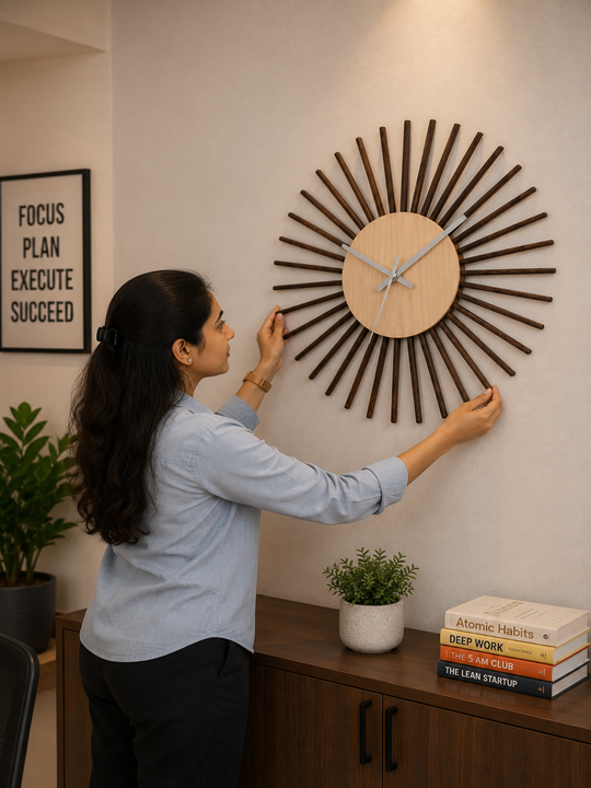 Mid-Century Parametric Sunburst Wooden Wall Clock | 3D Layered Looped Fin Petal Designer Timepiece - Image 3