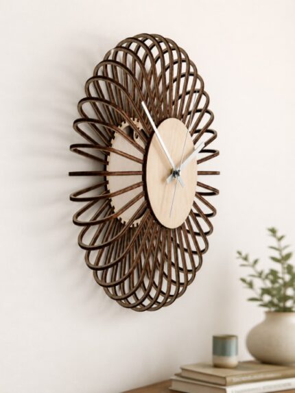 Mid-Century Parametric Sunburst Wooden Wall Clock | 3D Layered Looped Fin Petal Designer Timepiece