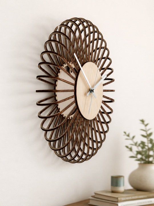 Mid-Century Parametric Sunburst Wooden Wall Clock | 3D Layered Looped Fin Petal Designer Timepiece