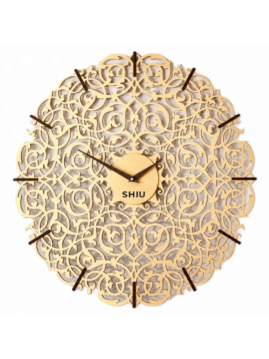 SHiU luxury laser-cut wooden wall clock in light golden oak finish featuring an intricate mandala filigree pattern and dark wooden hands.