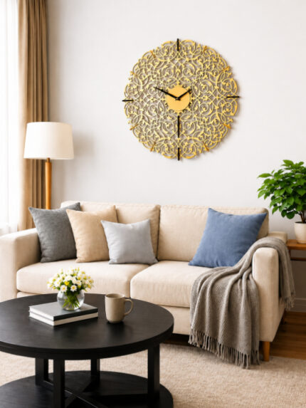 SHiU large ornate golden wooden wall clock styled as statement decor above a modern beige sofa in a brightly lit living room.