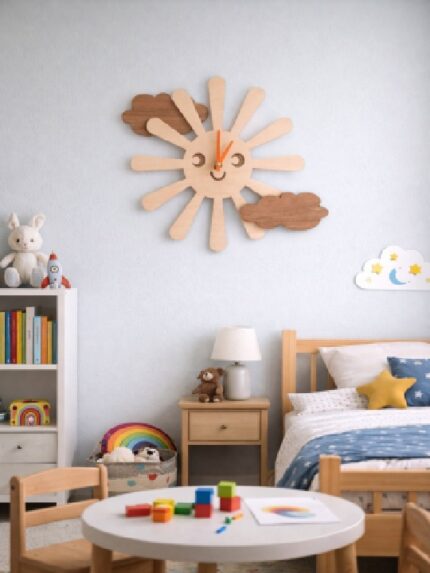 Cute Sun & Cloud Wooden Wall Clock | Kids Room Decorative Clock | Playful Home Décor Timepiece