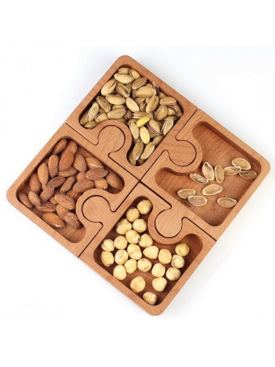 Wooden Puzzle Dry Fruit Serving Tray | Handcrafted 4-Section Snack Platter | Decorative Tableware Organizer - Image 3