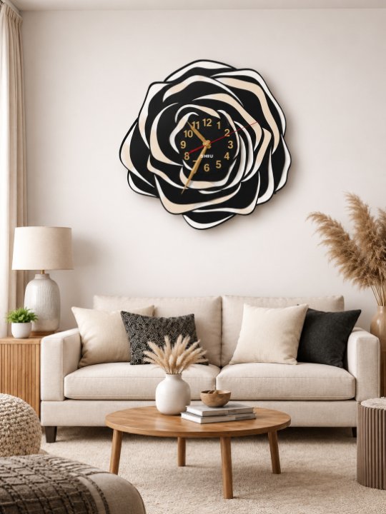 Elegant Blooming Rose Layered Wall Clock | Luxury Matte Black & Champagne Gold Floral Silhouette Designer Timepiece