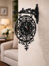 Vintage Victorian Double-Sided Station Wall Clock | Antique Hanging Bracket Ornate Filigree Floral Scrollwork Designer Timepiece