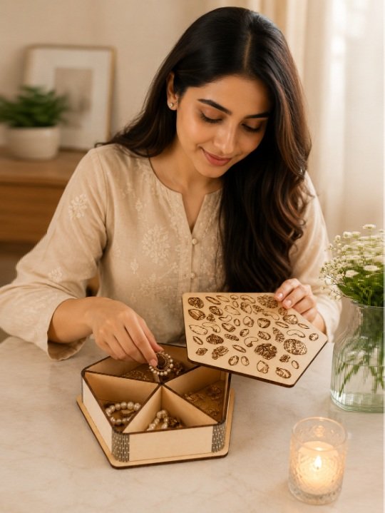 Multipurpose Wooden Dry Fruit Box with Compartments Snack Organizer Storage Serving Gift Tray Case - Image 3