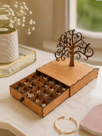 Wooden Jewellery Organizer Box with Tree Design Lid Drawer Storage Case for Rings and Earrings