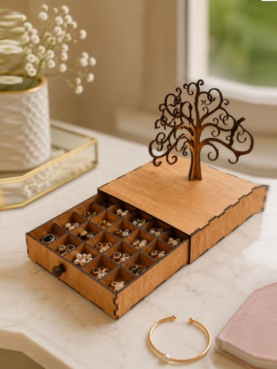 Wooden Jewellery Organizer Box with Tree Design Lid Drawer Storage Case for Rings and Earrings