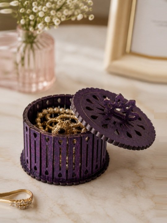 Luxury Round Wooden Jewellery Box with Carved Lid Decorative Organizer Trinket Storage Gift Case