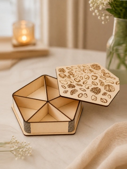Multipurpose Wooden Dry Fruit Box with Compartments Snack Organizer Storage Serving Gift Tray Case