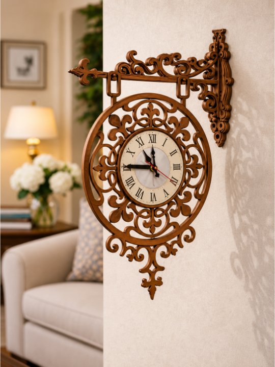 Vintage Victorian Double-Sided Station Wall Clock | Antique Hanging Bracket Ornate Filigree Floral Scrollwork Designer Timepiece