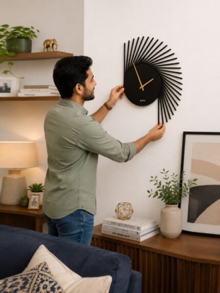 Asymmetric Fan Sunburst Minimalist Wall Clock | Matte Black & Polished Gold Luxury Abstract Designer Timepiece
