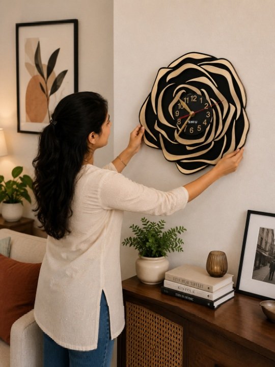 Elegant Blooming Rose Layered Wall Clock | Luxury Matte Black & Champagne Gold Floral Silhouette Designer Timepiece - Image 3
