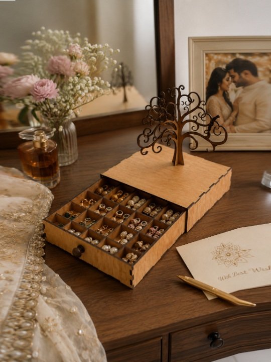 Wooden Jewellery Organizer Box with Tree Design Lid Drawer Storage Case for Rings and Earrings - Image 3