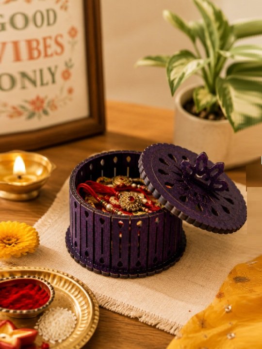 Luxury Round Wooden Jewellery Box with Carved Lid Decorative Organizer Trinket Storage Gift Case - Image 3