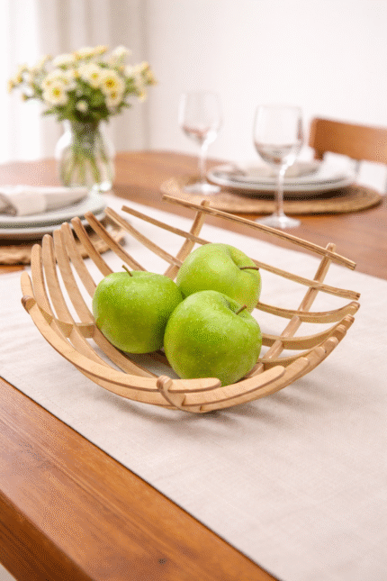 Handcrafted Wooden Slat Fruit Basket | Modern Open Design Fruit Bowl | Decorative Kitchen & Dining Organizer