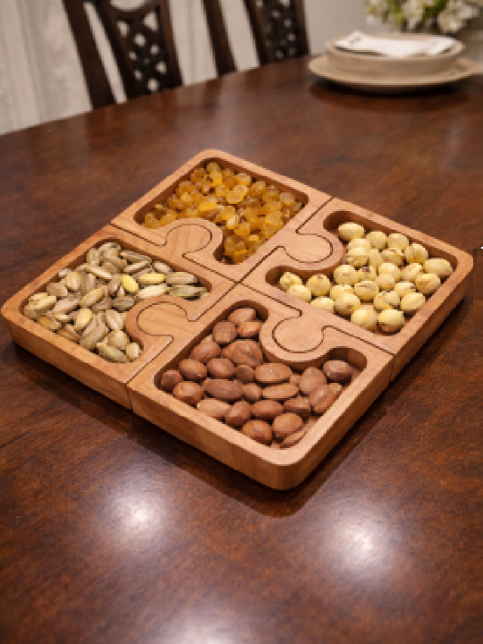 Wooden Puzzle Dry Fruit Serving Tray | Handcrafted 4-Section Snack Platter | Decorative Tableware Organizer