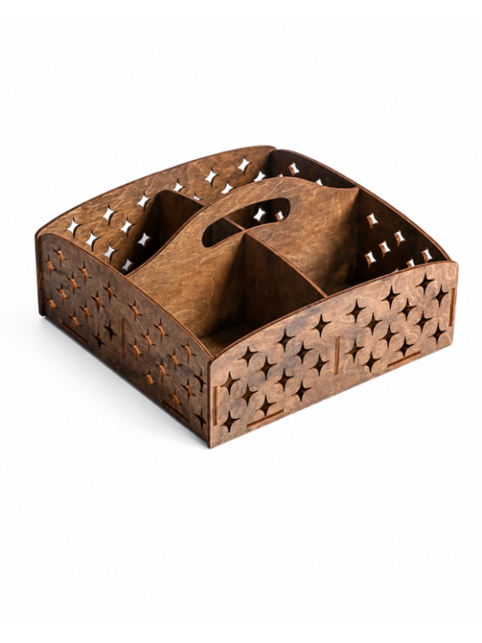 Handcrafted Wooden Cutlery Holder Multipurpose Kitchen Organizer Storage Basket with Handle for Dining Table