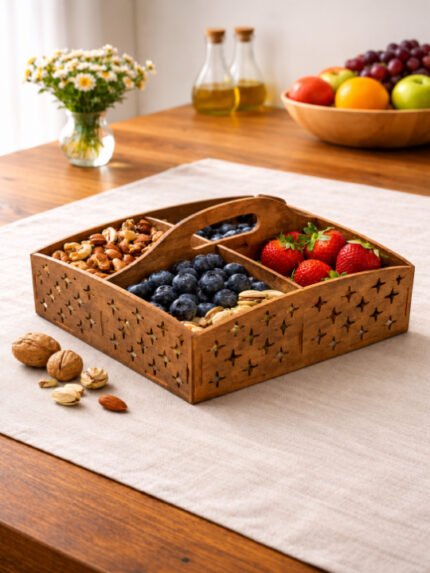 Handcrafted Wooden Cutlery Holder | Multipurpose Kitchen Organizer | Storage Basket with Handle for Dining Table