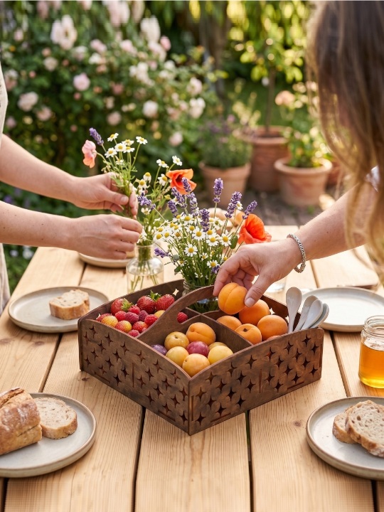 Handcrafted Wooden Cutlery Holder Multipurpose Kitchen Organizer Storage Basket with Handle for Dining Table
