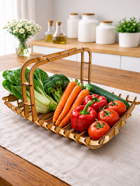 Handcrafted Wooden Fruit Basket Handle Multipurpose Kitchen Countertop Storage Organizer Tray for Homes