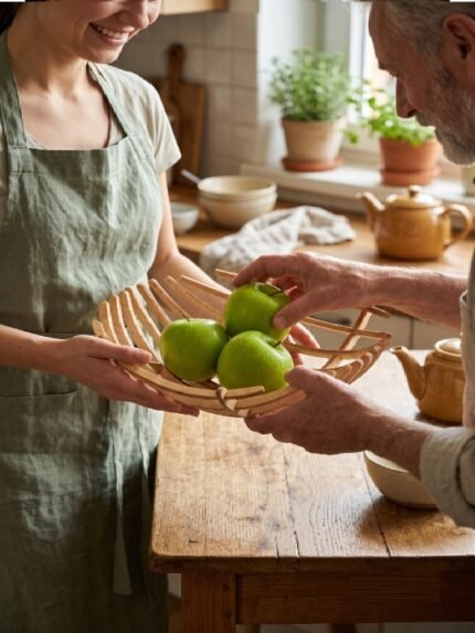 Handcrafted Wooden Slat Fruit Basket | Modern Open Design Fruit Bowl | Decorative Kitchen & Dining Organizer