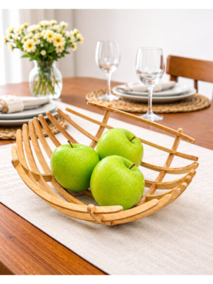 Handcrafted Wooden Slat Fruit Basket Modern Open Design Fruit Bowl Decorative Kitchen & Dining Organizer