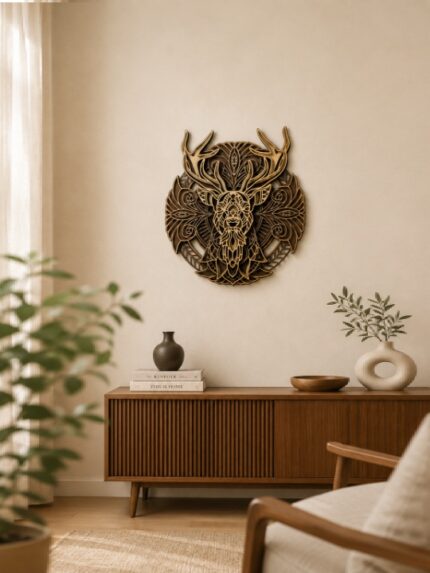 3D Wooden Deer Head Mandala Wall Art Laser Cut Decorative Home Décor Panel