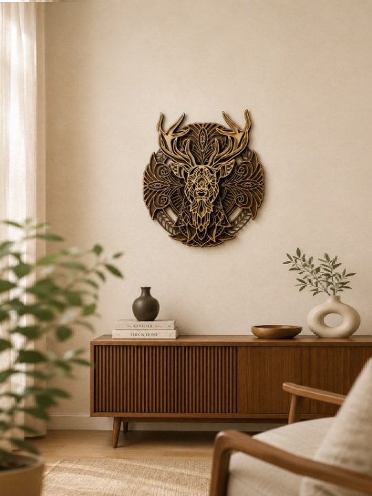 3D Wooden Deer Head Mandala Wall Art Laser Cut Decorative Home Décor Panel