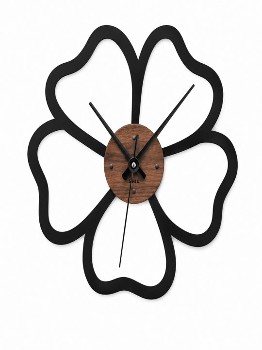 SHIU modern minimalist floral wall clock featuring a matte black open flower petal frame and a circular natural wood center dial.