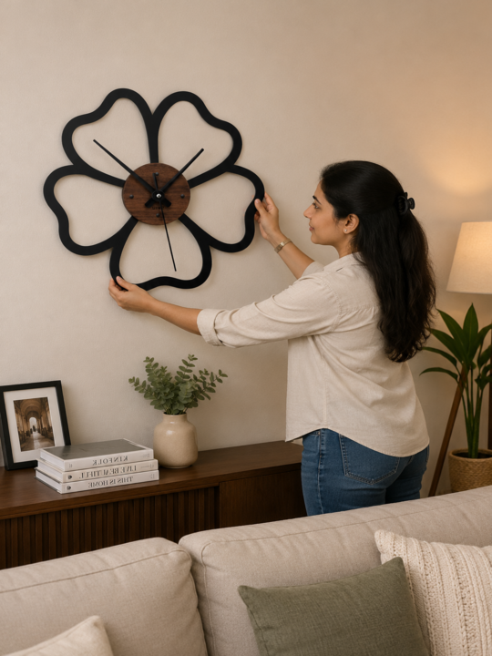 A woman mounting the large openwork SHIU floral wooden wall clock on a living room wall above a wooden console table.