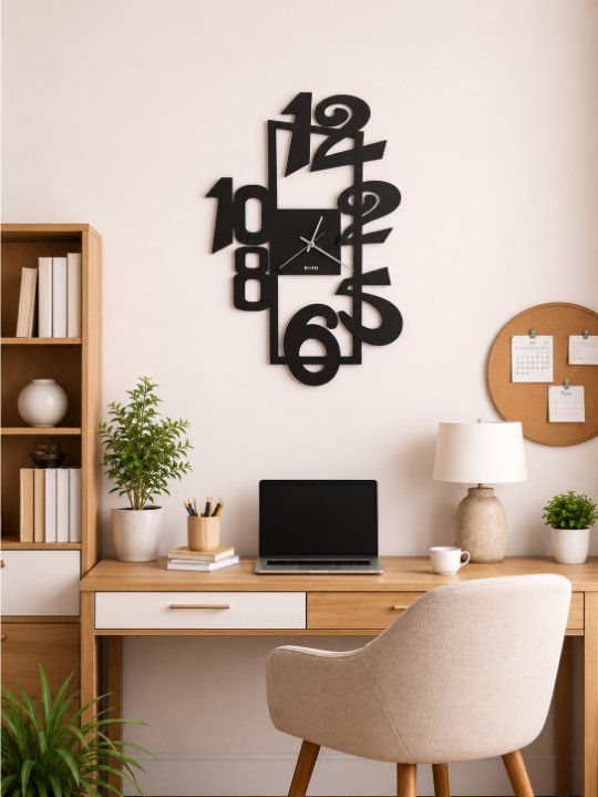 Abstract Geometric Deconstructed Wall Clock | Matte Black Vertical Numeric Collage Contemporary Art Decor Timepiece