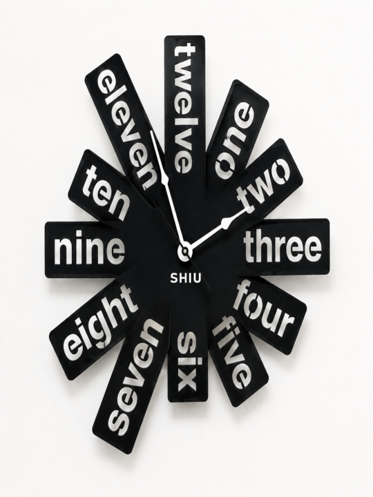 SHIU modern abstract wall clock featuring a burst layout of black rectangular panels with cutout text spelling out numbers from one to twelve.
