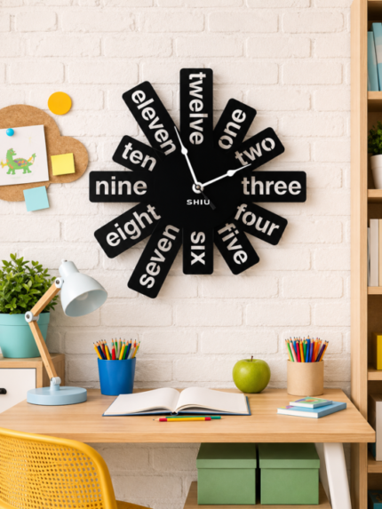 Playful SHIU abstract black word clock mounted on a white brick wall above a child's wooden study desk setup.