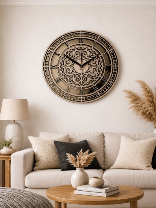 Vintage Filigree Roman Numeral Wooden Wall Clock | Luxury Laser-Cut Antique Floral Lace Open-Face Statement Timepiece