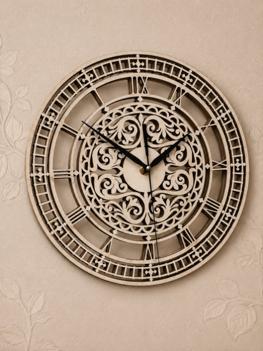Vintage Filigree Roman Numeral Wooden Wall Clock | Luxury Laser-Cut Antique Floral Lace Open-Face Statement Timepiece - Image 4