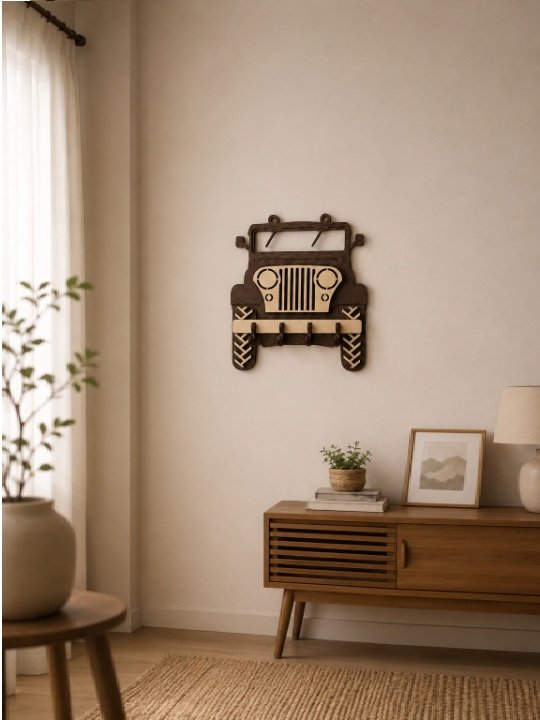 Wooden Jeep Key Holder Wall Mount Laser Cut Decorative Key Organizer for Home Décor
