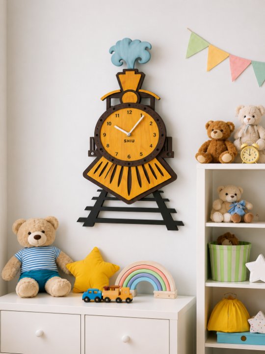 Whimsical Locomotive Wooden Wall Clock | Playful Train Silhouette Nursery Decor & Classroom Timepiece