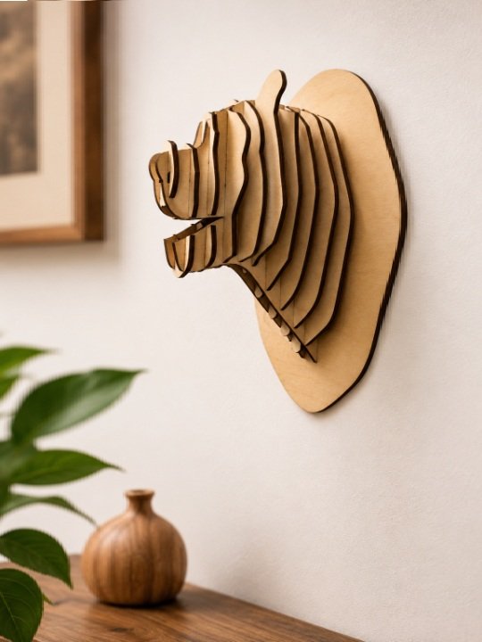 3D Wooden Bear Head Wall Art Handcrafted Laser Cut Decorative Animal Wall Mount for Home