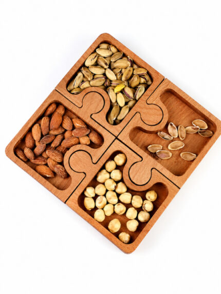 Wooden Puzzle Dry Fruit Serving Tray Handcrafted 4-Section Snack Platter Decorative Tableware Organizer