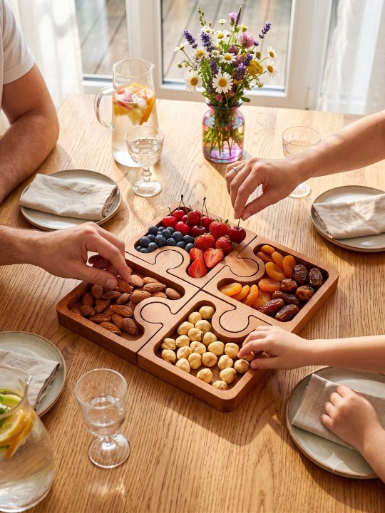 Wooden Puzzle Dry Fruit Serving Tray | Handcrafted 4-Section Snack Platter | Decorative Tableware Organizer - Image 3