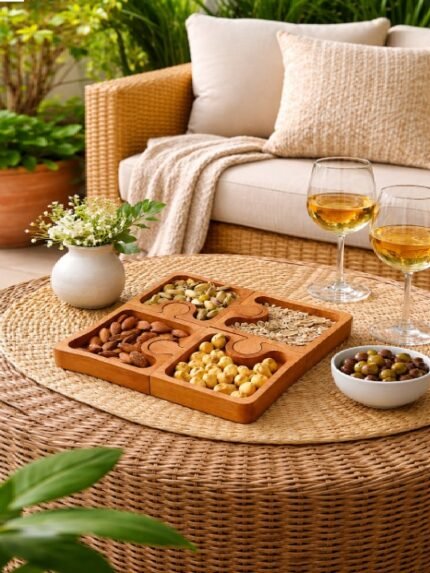 Wooden Puzzle Dry Fruit Serving Tray | Handcrafted 4-Section Snack Platter | Decorative Tableware Organizer