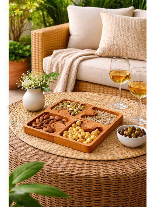 Wooden Puzzle Dry Fruit Serving Tray Handcrafted 4-Section Snack Platter Decorative Tableware Organizer