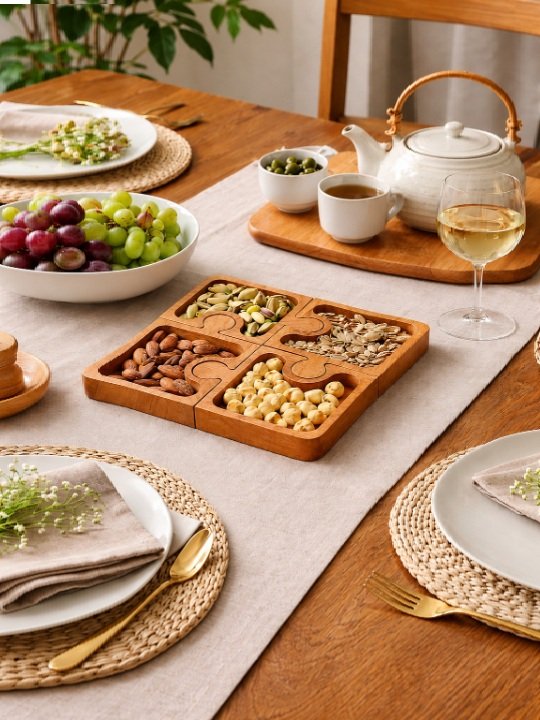 Wooden Puzzle Dry Fruit Serving Tray | Handcrafted 4-Section Snack Platter | Decorative Tableware Organizer - Image 4