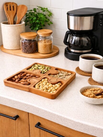 Wooden Puzzle Dry Fruit Serving Tray | Handcrafted 4-Section Snack Platter | Decorative Tableware Organizer